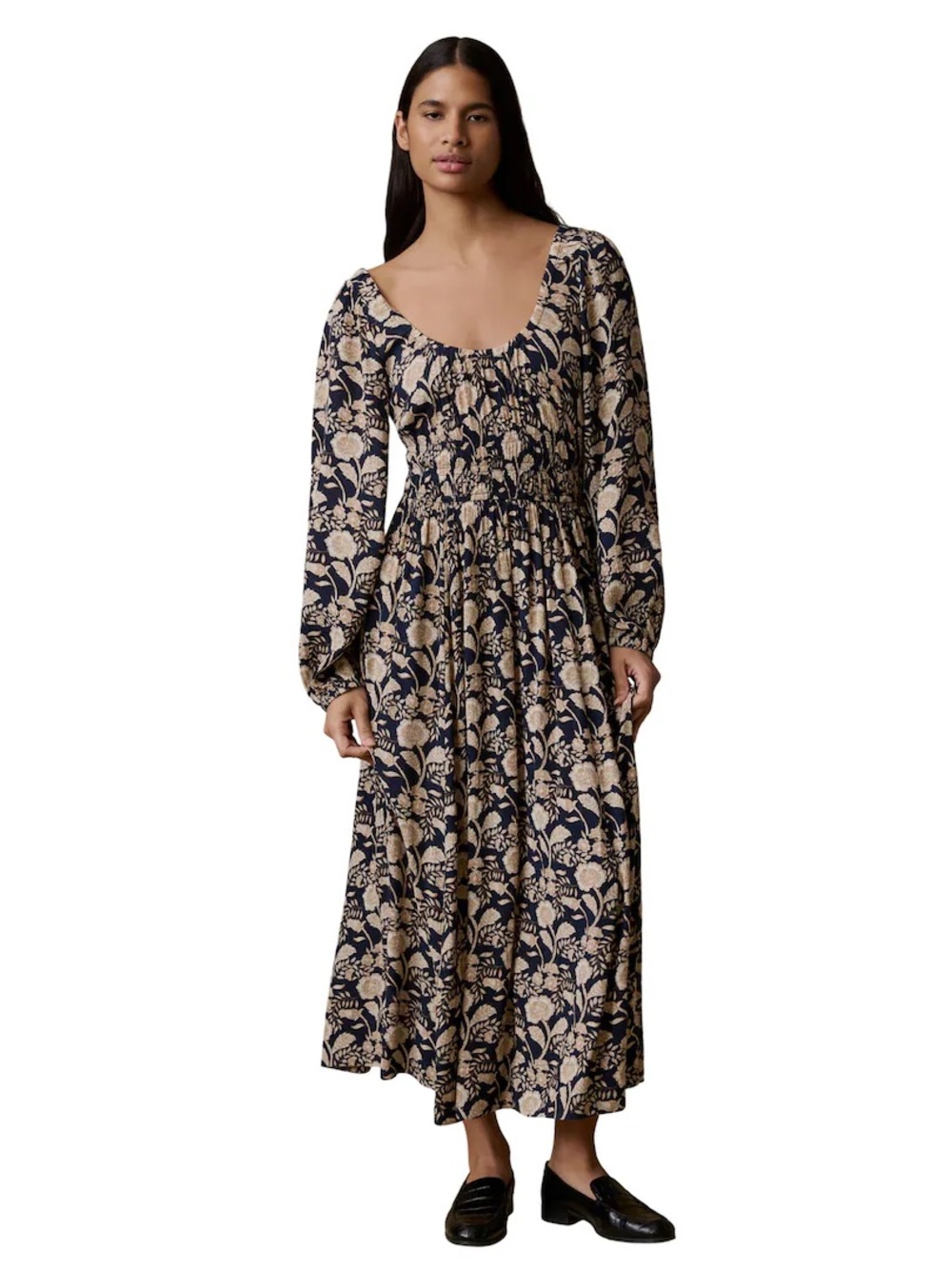 Faherty Navy and Cream Floral Smocked-Waist Maxi Dress